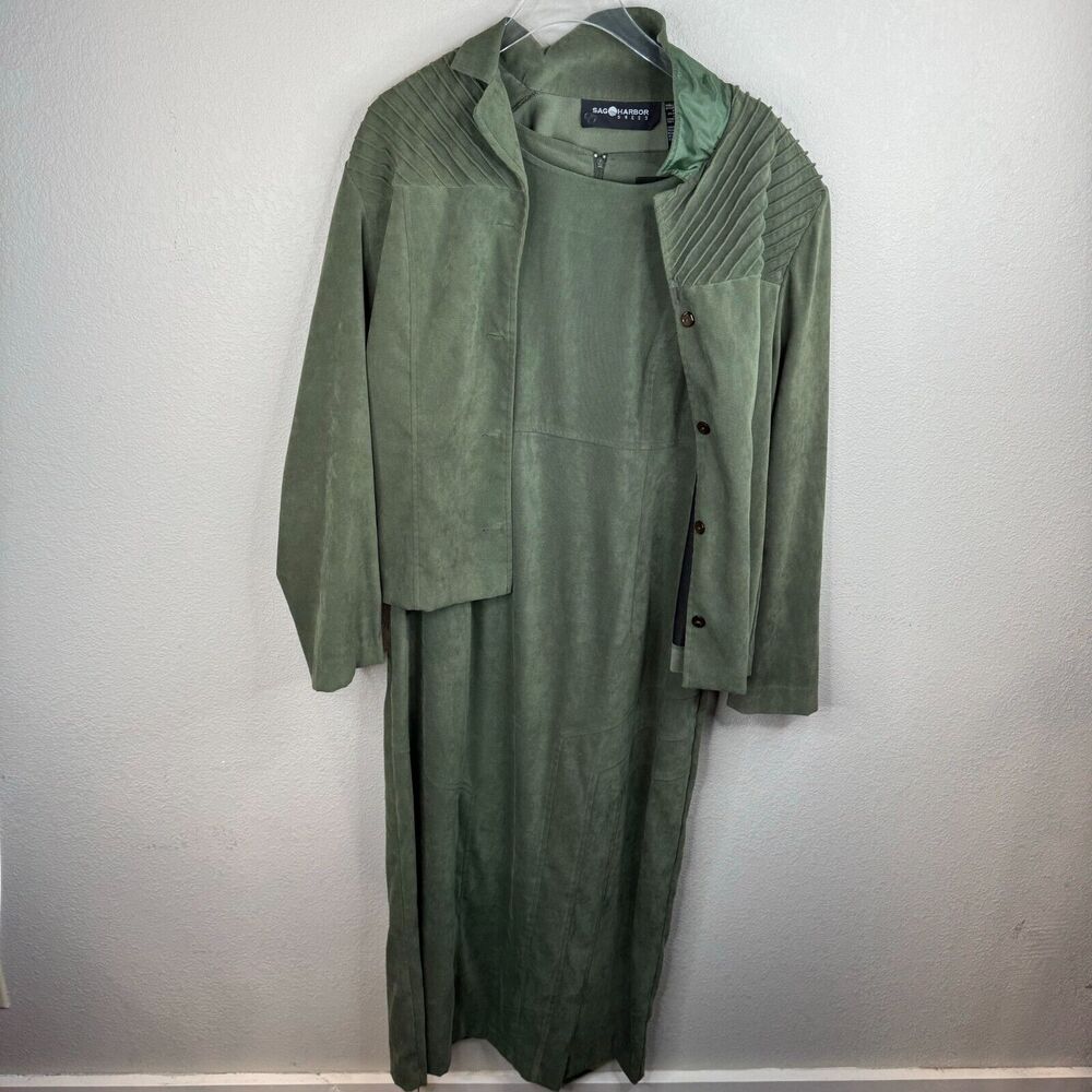 Sag Harbor Women's Jacket & Dress 2 Piece Suit Set Solid Olive Green